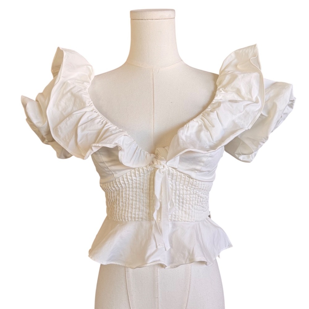 Lovers and Friends White Ruffle Smocked Peplum Crop Top Size XS Tie Front